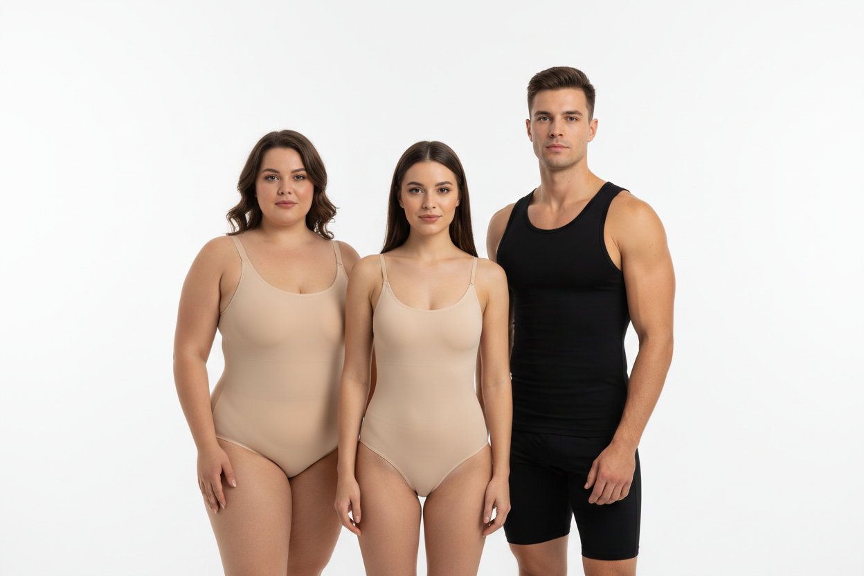 Create a single high-quality studio fashion image featuring three adult models different sizes together against a clean white background with soft professional catalog lighting.
Model 1 (Female): Wearing a seamless one-piece shapewear bodysuit with thinner shoulder strap.
Model 2 (Female): Wearing a seamless one-piece shapewear bodysuit with wide shoulder straps.
Model 3 (Male): Wearing a sleeveless slimming compression shirt.
All models should appear confident, modest, realistic, and naturally posed. 